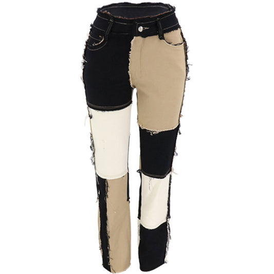 Women's Mixed Color Stitching High Waist Tight Hip Denim Jeans